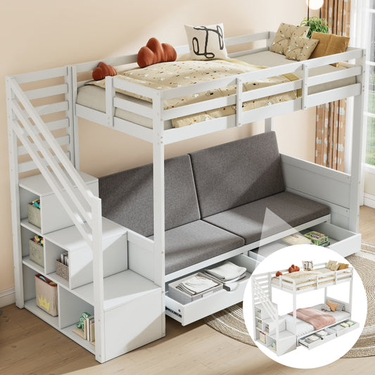 Kinder-Etagenbett, Doppelbett, multifunktionales Kinderbett,Mit Treppenschrank und 2 Schubladen, ohne Matratze, Die untere Ebene als Bett oder Sofa genutzt und enthält Kissen , weiß, 90*200