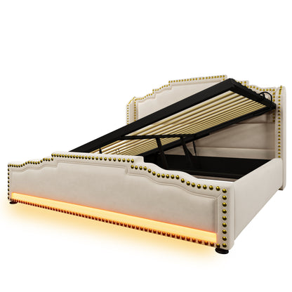 Polsterbett 140x200, Doppelbett mit hydraulischem Stauraum, LED-Beleuchtung und USB-C-Ladeanschluss, Stauraumbett und Jugendbett mit Lattenrost, Samt, Beige, Mit Matratze