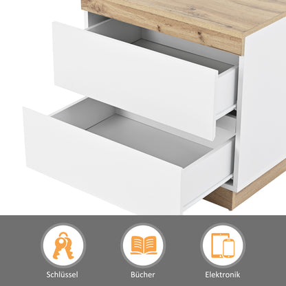 Nachttisch, Nachtschrank mit zwei Schubladen, Nachtkommode, Funktion von Aufbewahrung, für Schlafzimmer, E1-Spanplatte, weiß+oak