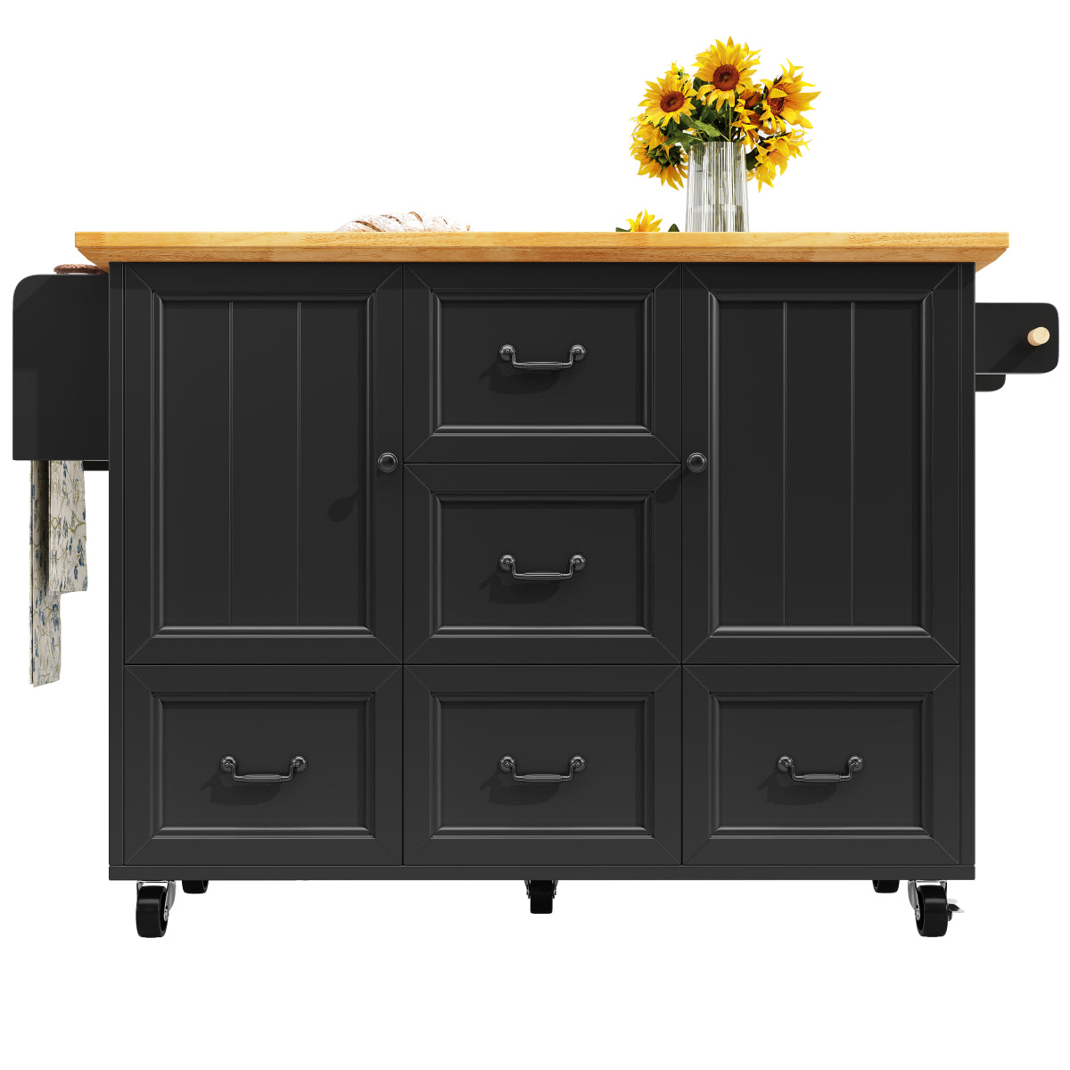 Kücheninsel mit Rollen & klappbarer Arbeitsplatte, Küchenwagen mit 5 Schubladen, Handtuchhalter & Gewürzregal, Sideboard 120cm, Weiß/Schwarz