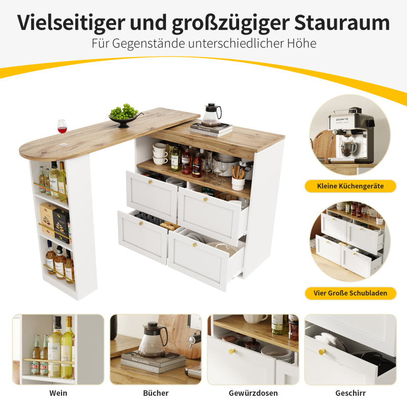 360° drehbarer Stehtisch (Korpus 105 x 39 x 102 cm) mit 4 Schubladen und offenen Ablagen, geeignet für Esszimmer/Arbeitszimmer/Wohnzimmer, weiß