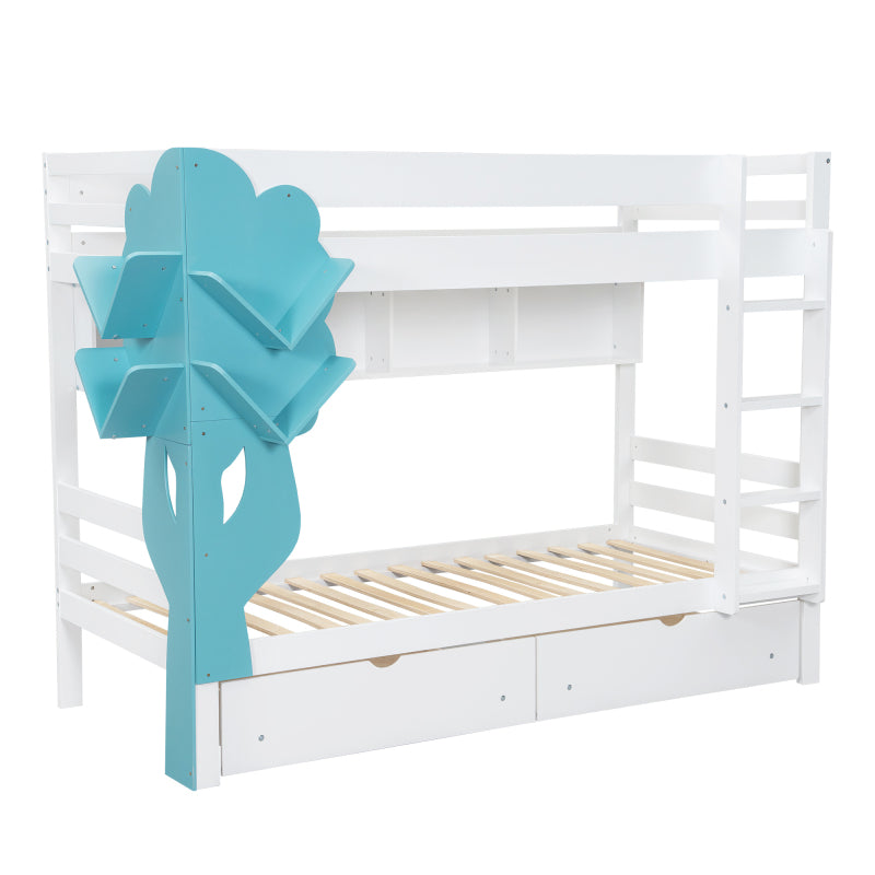Etagenbett, Kreatives Kinderbett, Bücherregal in Baumform, Offenes Regal, Zwei Schubladen mit Rollen, Mit Fallschutzgitter, Reichlich Stauraum, Kiefer+MDF, Weiß+Blau, 90x200cm