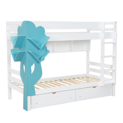 Etagenbett, Kreatives Kinderbett, Bücherregal in Baumform, Offenes Regal, Zwei Schubladen mit Rollen, Mit Fallschutzgitter, Reichlich Stauraum, Kiefer+MDF, Weiß+Blau, 90x200cm