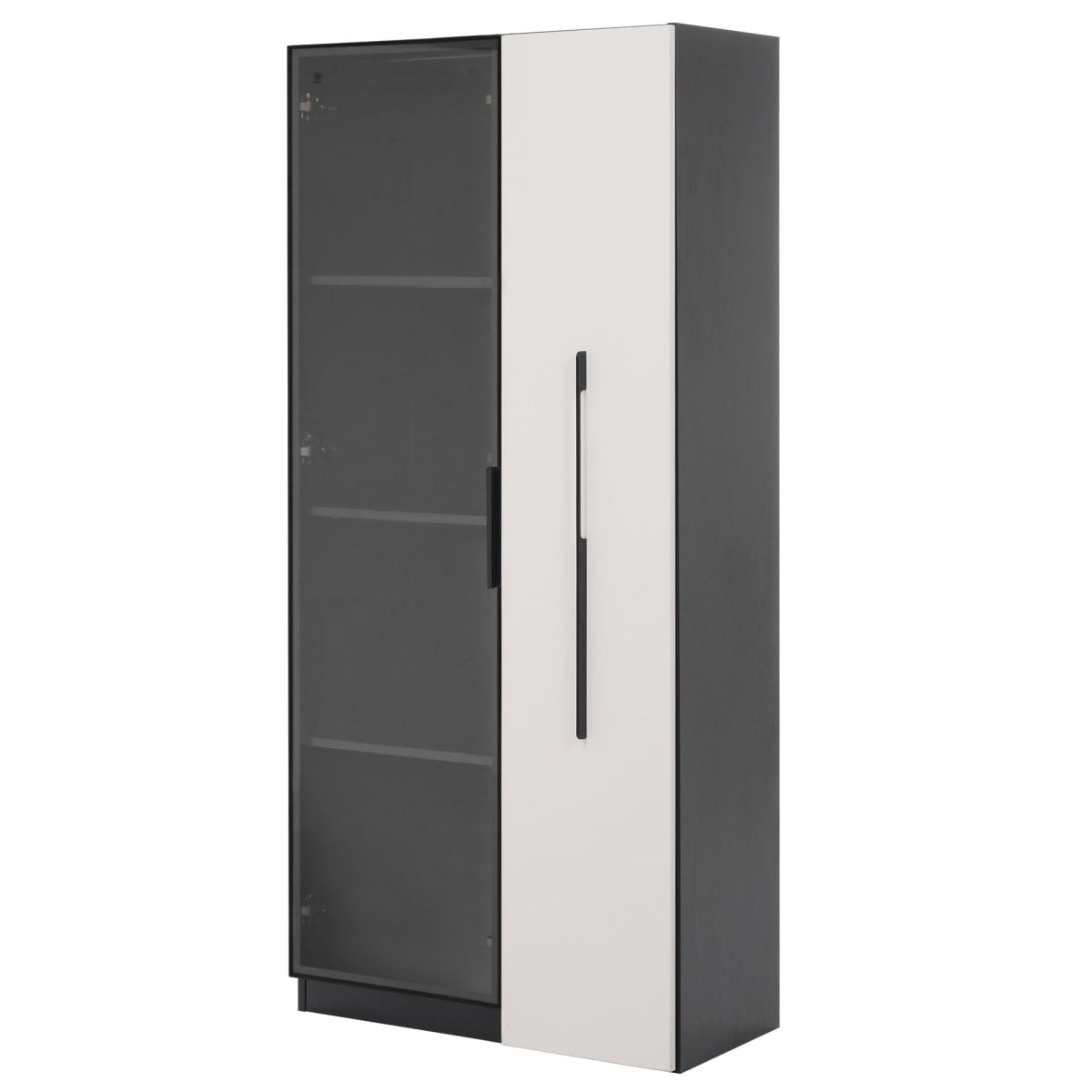 Multifunktionsschrank 70x40x160cm - LED Vitrine mit Glastür aus gehärtetem Glas & Aluminiumrahmen, Seitenauszug auf Rollen, Schwarz-Weiß