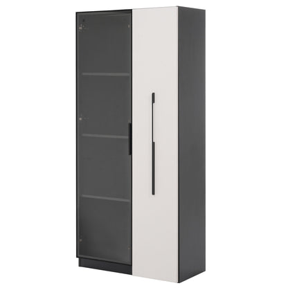 Multifunktionsschrank 70x40x160cm - LED Vitrine mit Glastür aus gehärtetem Glas & Aluminiumrahmen, Seitenauszug auf Rollen, Schwarz-Weiß