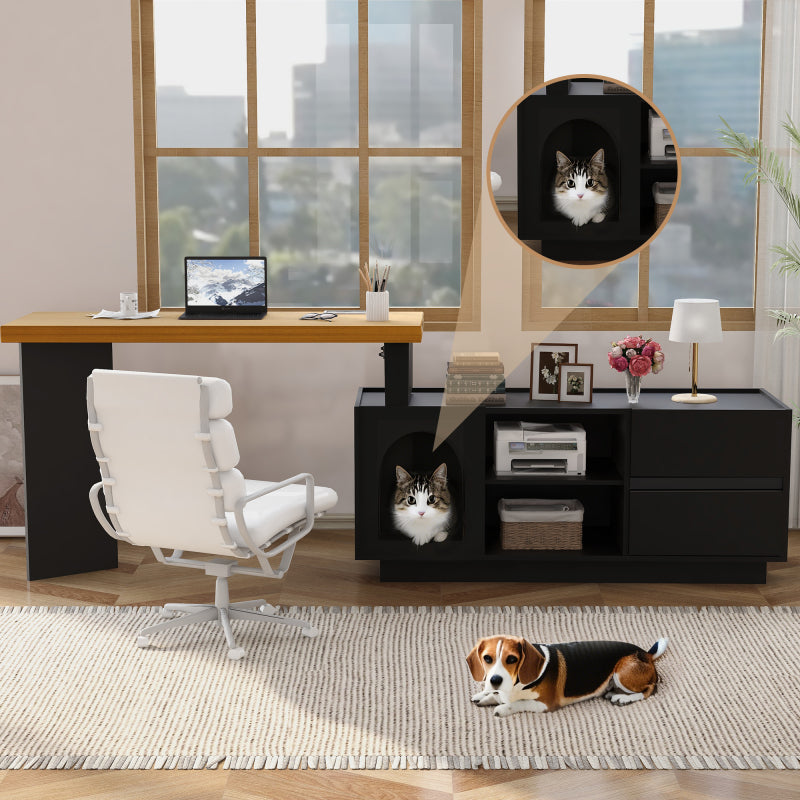 Eckschreibtisch mit integriertem Tierhaus, L-förmig oder einteilig, flexible Montage, Eckschreibtisch für Home Office mit XL-Tierhöhle, Black