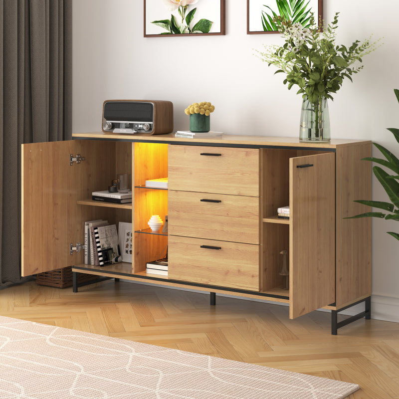 Sideboard mit drei Schubladen, exquisite Maserung. Modernes Sideboard in Holzfarbe mit Ablagefächern – stilvolle und funktionale Wohnmöbel. Schwarz und Holzfarbe.