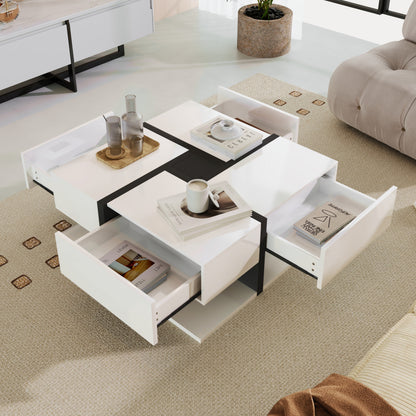 Hochglanz-Couchtisch, Tisch mit 4 Schubladen, einzigartige Farbabstimmung und Liniendesign, Stauraum unten. 78*78*36cm