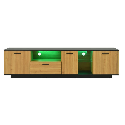 TV-Schrank mit einer Schublade, drei Türen, zwei offene Fächer mit Glas TV-Möbel, TV-Board, TV-Lowboard Feinstruktur. Schwarze und natürliche Holzfarben. 15 variable LED-Leuchten.