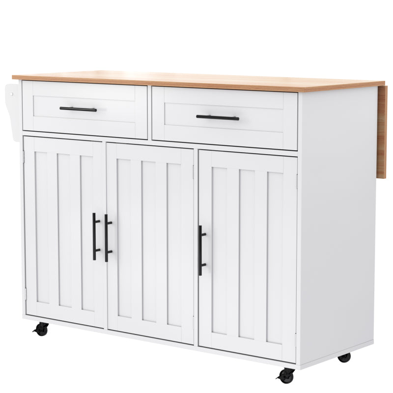 129x46(71)x91,5 cm großer Speisewagen/Sideboard, Arbeitsplatte mit Massivholzmaserung + Weiß Schrank/faltbare Arbeitsplatte/Aufbewahrungstür-Design/Räder/Massivholzfüße umschaltbar/für Zuhause geeig