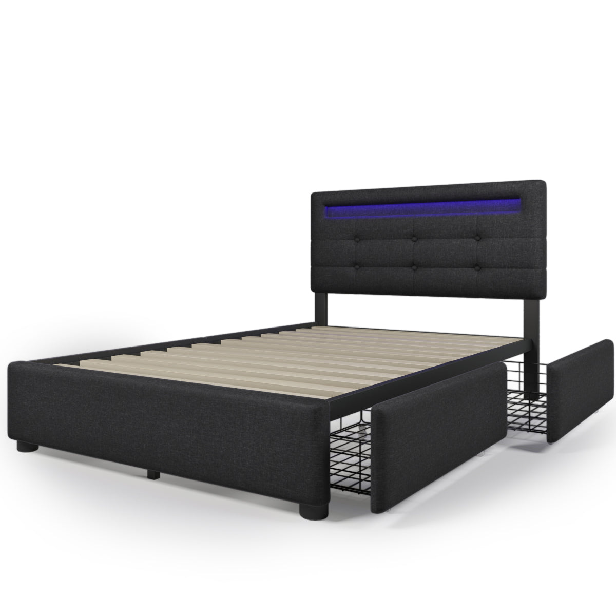 Polsterbett 90x200 cm Schwarz mit LED & 2 Schubladen - Einzelbett inkl. Lattenrost, Verstellbares Kopfteil & Stauraum (Ohne Matratze)