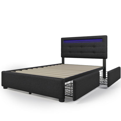 Polsterbett 90x200 cm Schwarz mit LED & 2 Schubladen - Einzelbett inkl. Lattenrost, Verstellbares Kopfteil & Stauraum (Ohne Matratze)