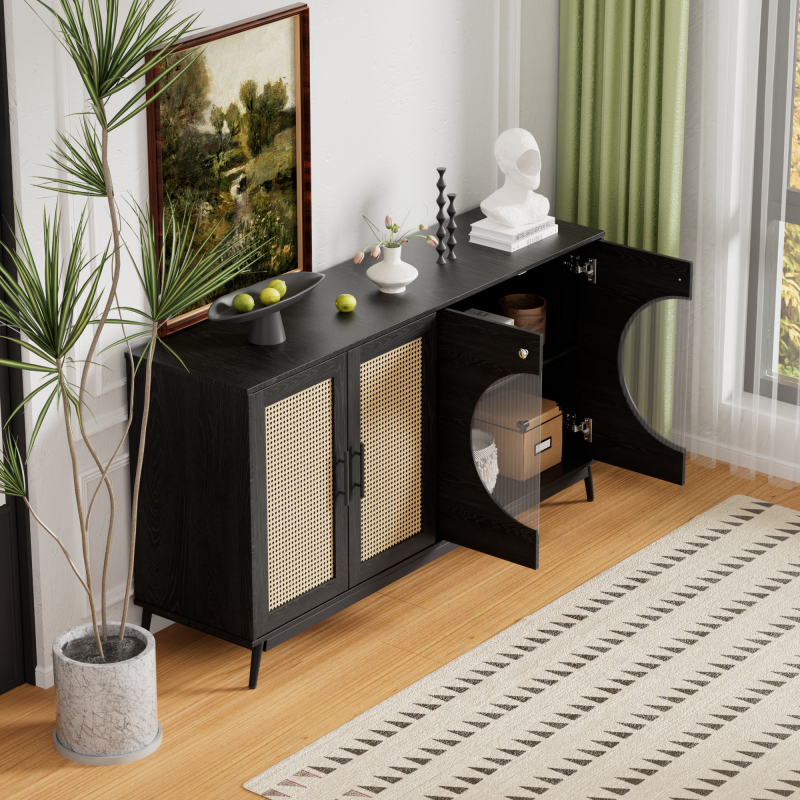 Sideboard mit Glastüren aus Rattan, halbrunde Tür, hochwertige Aufbewahrungsmöbel