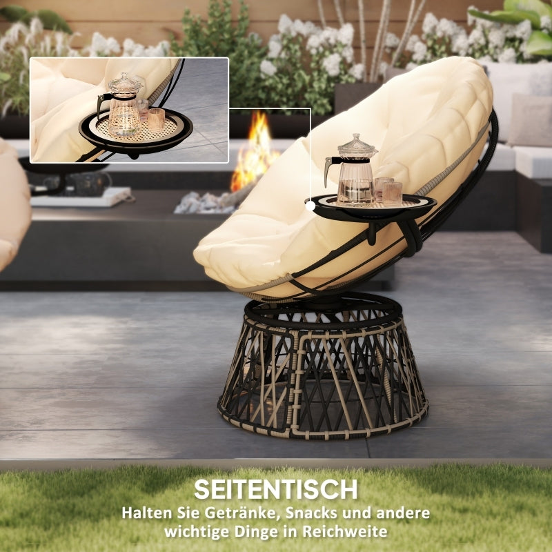 Papasansessel Rattan 360° drehbar Korbsessel mit Kissen Durchmesser 90 cm, für Wohnzimmer, Garten, Balkon, Beige