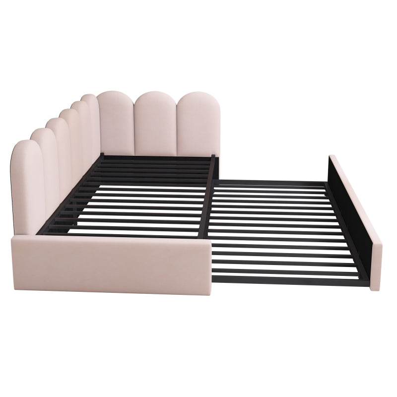 Polsterbett Daybett 90x200cm,Tagesbett Schlafsofa mit Ausziehbett 90x190cm, Kinderbett mit Lattenrost, Samt, Rosa, ohne Matratze