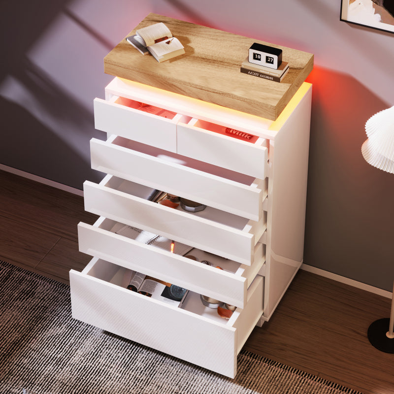 Kommode, Hochglanz Sideboard mit 6 Schubladen, LED Beleuchtung (App Control), Mehrzweckschrank für Wohnzimmer und Schlafzimmer, 115 x 73 x 39 cm, Weiß