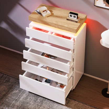 Kommode, Hochglanz Sideboard mit 6 Schubladen, LED Beleuchtung (App Control), Mehrzweckschrank für Wohnzimmer und Schlafzimmer, 115 x 73 x 39 cm, Weiß