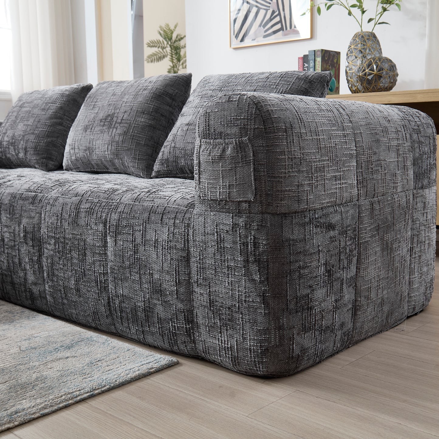 Modernes Sektionssofa, L-Sofa, 3-Sitzer-Sofa, keine Installation erforderlich, Chenille-Sofa mit Chaiselongue und Armlehnen, 3 Kissen, Seitentasche für Fernbedienung, Grau