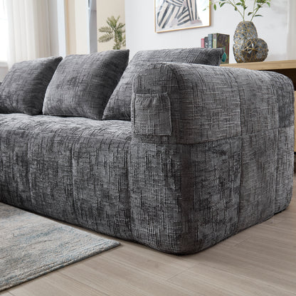 Modernes Sektionssofa, L-Sofa, 3-Sitzer-Sofa, keine Installation erforderlich, Chenille-Sofa mit Chaiselongue und Armlehnen, 3 Kissen, Seitentasche für Fernbedienung, Grau
