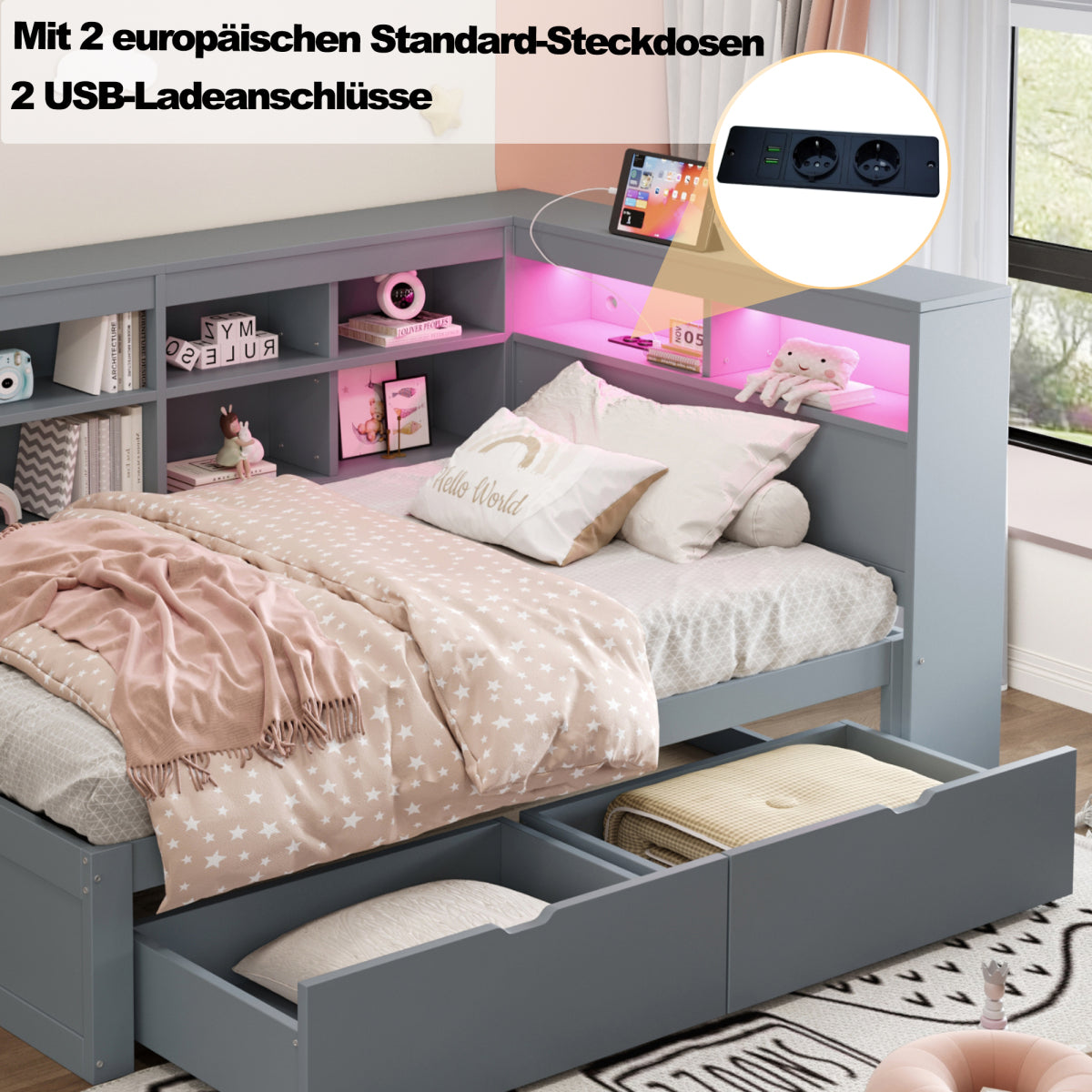 Massivholz-Einzelbett 90x200 Weiß mit LED & USB-Steckdose - Multifunktionales Schlafsofa mit Regalen, Ablagefächern & viel Stauraum, Grau