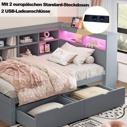 Massivholz-Einzelbett 90x200 Weiß mit LED & USB-Steckdose - Multifunktionales Schlafsofa mit Regalen, Ablagefächern & viel Stauraum, Grau
