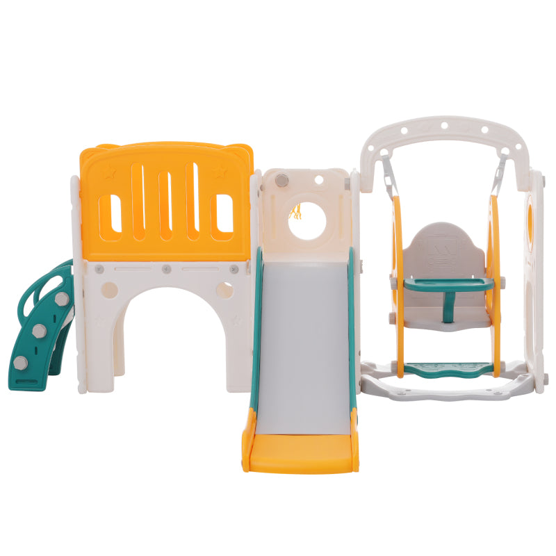 7-in-1-Rutsche für Kinder, bestehend aus Rutsche, Schaukel, Plattform, Unterschrank, Lochbohrspiel, Basketballkorb und Treppe - hochdichtes Polyethylen (Ozeanball nicht enthalten)