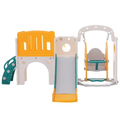 7-in-1-Rutsche für Kinder, bestehend aus Rutsche, Schaukel, Plattform, Unterschrank, Lochbohrspiel, Basketballkorb und Treppe - hochdichtes Polyethylen (Ozeanball nicht enthalten)
