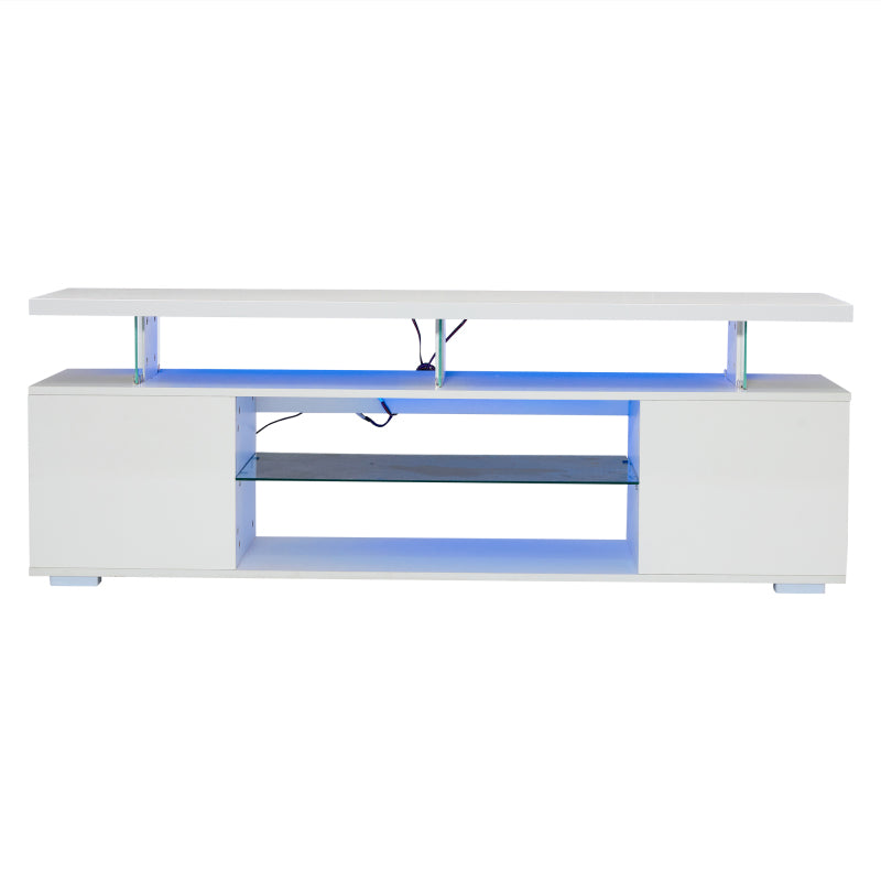 Moderner Low-Panel-Hochglanz-TV-Ständer mit LED-Beleuchtung, TV-Panel, TV-Glasschrank für 60-Zoll-Fernseher, Tische, universelle Gaming-Medienständer, Stauschränke und große Stauräume, Reinweiß