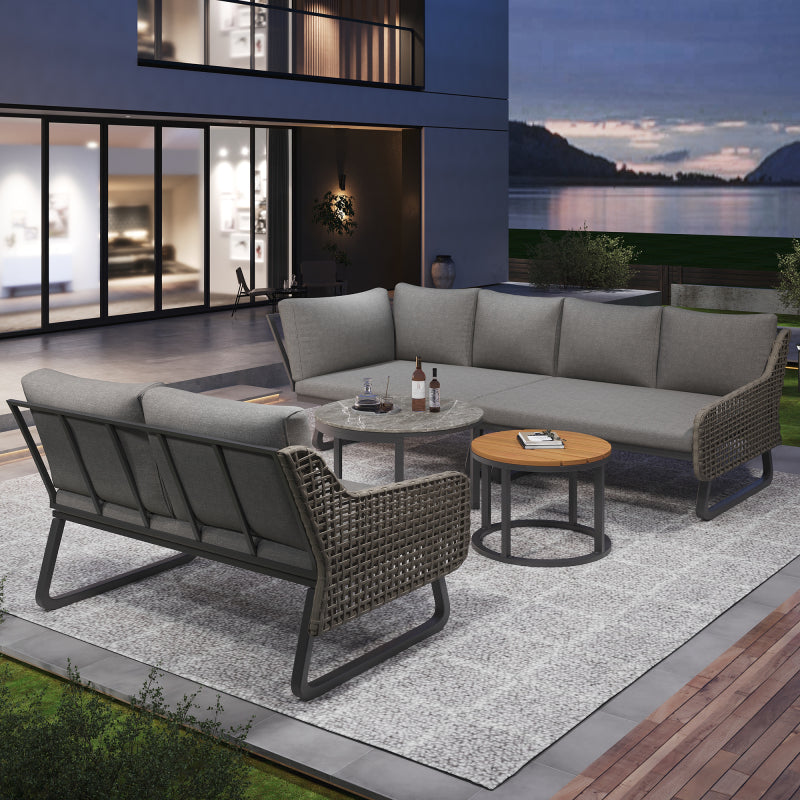 Gartenmöbel-Set für 6-7 Personen, Outdoor-Lounge-Set, Rattan-Handwerk, mit zwei Tischen, mit verzinktem Eisengestell, verstellbare Beine, inklusive aller Sitz- und Rückenkissen, grau