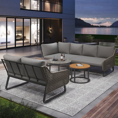 Gartenmöbel-Set für 6-7 Personen, Outdoor-Lounge-Set, Rattan-Handwerk, mit zwei Tischen, mit verzinktem Eisengestell, verstellbare Beine, inklusive aller Sitz- und Rückenkissen, grau