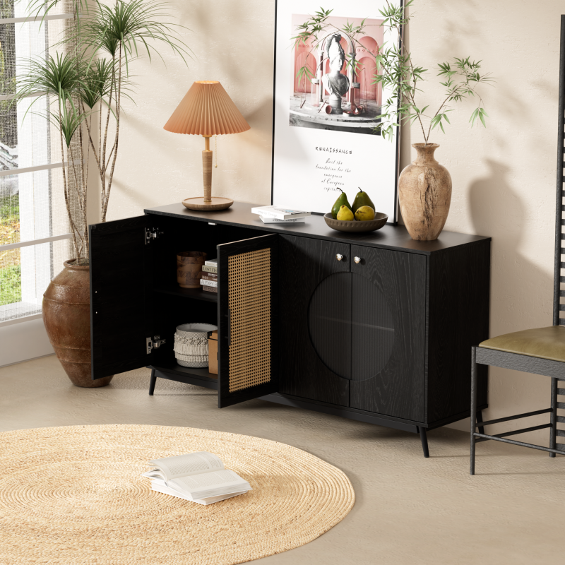 Sideboard mit Glastüren aus Rattan, halbrunde Tür, hochwertige Aufbewahrungsmöbel