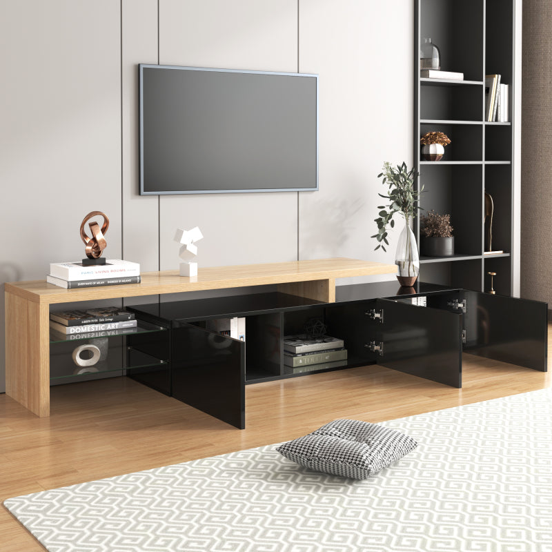 Modernes TV-Schrank-Design: Stilvolle Eleganz, praktischer Stauraum, Hochglänzendes Schwarz, Holzoptik, Glasböden, LED-Beleuchtung