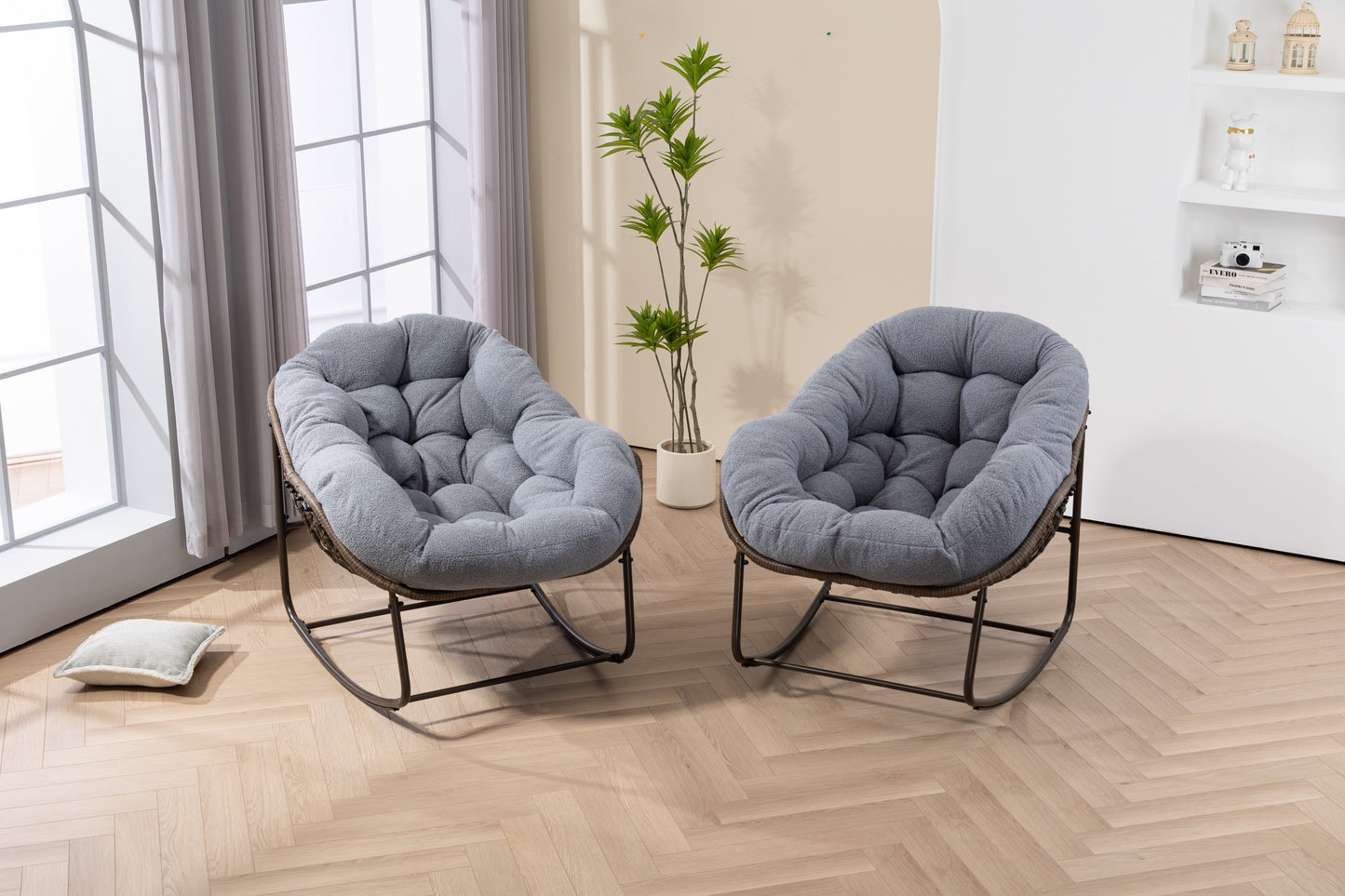 Outdoor Rattan Rocking Chair,Padded Cushion Rocker Recliner Chair Outdoor for Front Porch, Living Room, Patio, Garden, Gray
