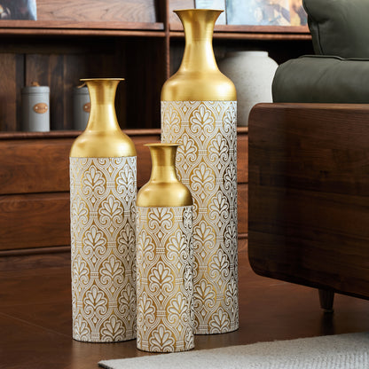 3er Set Bodenvase Gold mit Weißen Punkten, Metall, Vintage, 83/66/50 cm hoch