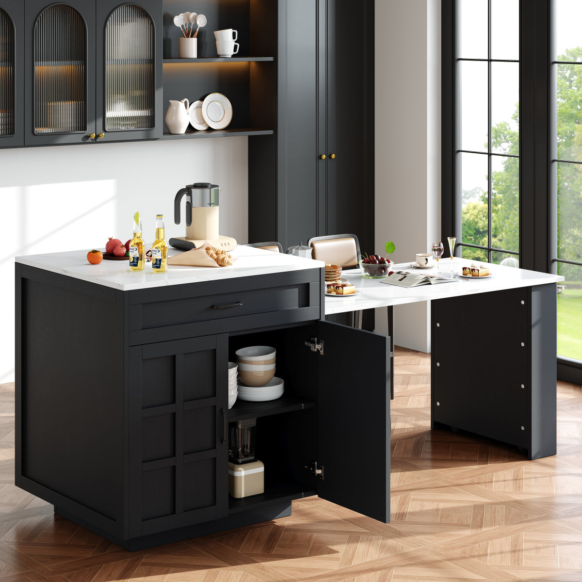 Bartisch ausziehbar 133-202cm, Kücheninsel mit Marmor-Optik & Stauraum, Esstisch für 2-6 Personen, Küchenwagen mit Schubladen & Regalen, Schwarz
