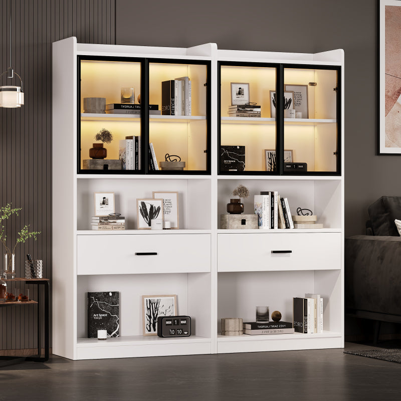 Curio Vitrine mit Licht, 16 Farben Licht, Sammlerstücke Schrank Display Regal, Bücherregal Vitrine für Wohnzimmer, weiß, schwarzer Fenste