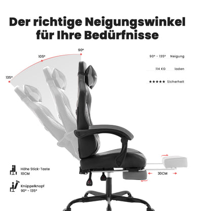 Gaming Stuhl, Ergonomischer Gaming-Stuhl mit Fußstütze, Racing Gaming Chair Kopfstütze Verstellbarer Computerstuhl Höhenverstellbar Lendenwirbelstütze für Homeoffice und Gaming Gray