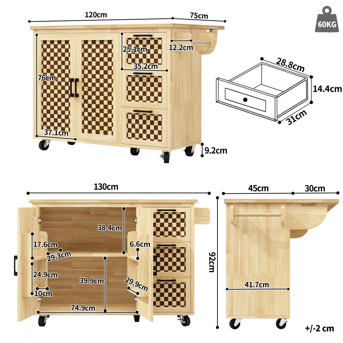 Kücheninsel 120x75cm klappbar Servicewagen mit Rollen, Buffetschrank Natur Holzoptik, Schachbrettmuster, 3 Schubladen & Handtuchhalter
