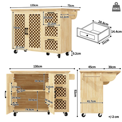 Kücheninsel 120x75cm klappbar Servicewagen mit Rollen, Buffetschrank Natur Holzoptik, Schachbrettmuster, 3 Schubladen & Handtuchhalter