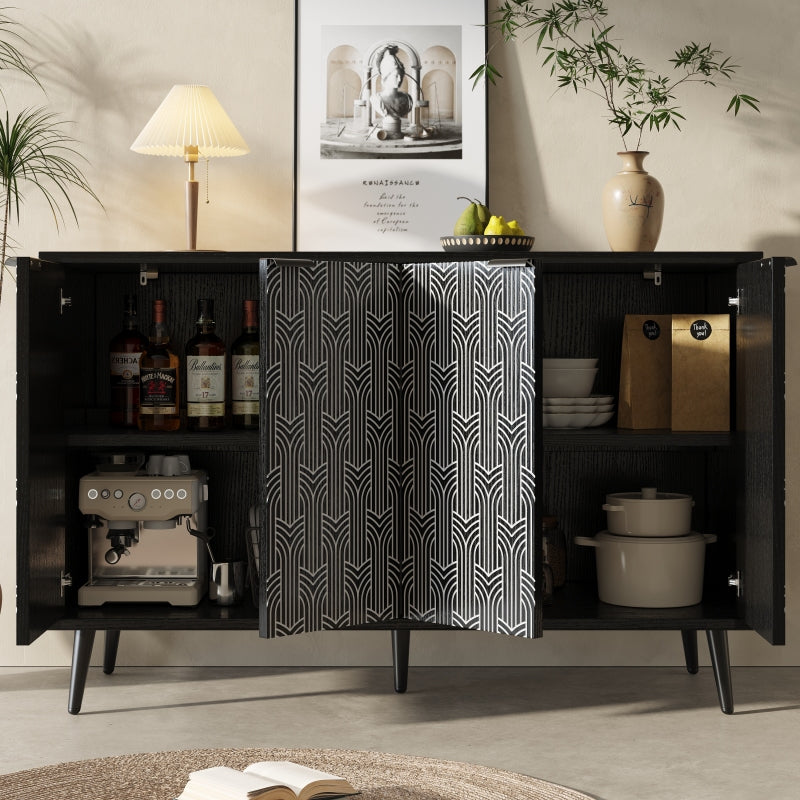 Esszimmerschrank (120×35×78cm), Esszimmer- und Wohnzimmer-Aufbewahrungsschrank, einzigartiges Schranktürdesign, freistehender Schrank, Antidumping, Fischgrätenmuster, geschnitzte Tür, schwarz