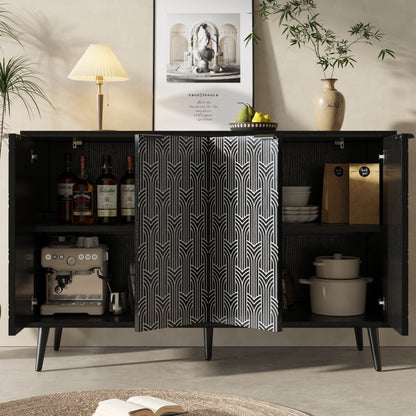 Esszimmerschrank (120×35×78cm), Esszimmer- und Wohnzimmer-Aufbewahrungsschrank, einzigartiges Schranktürdesign, freistehender Schrank, Antidumping, Fischgrätenmuster, geschnitzte Tür, schwarz