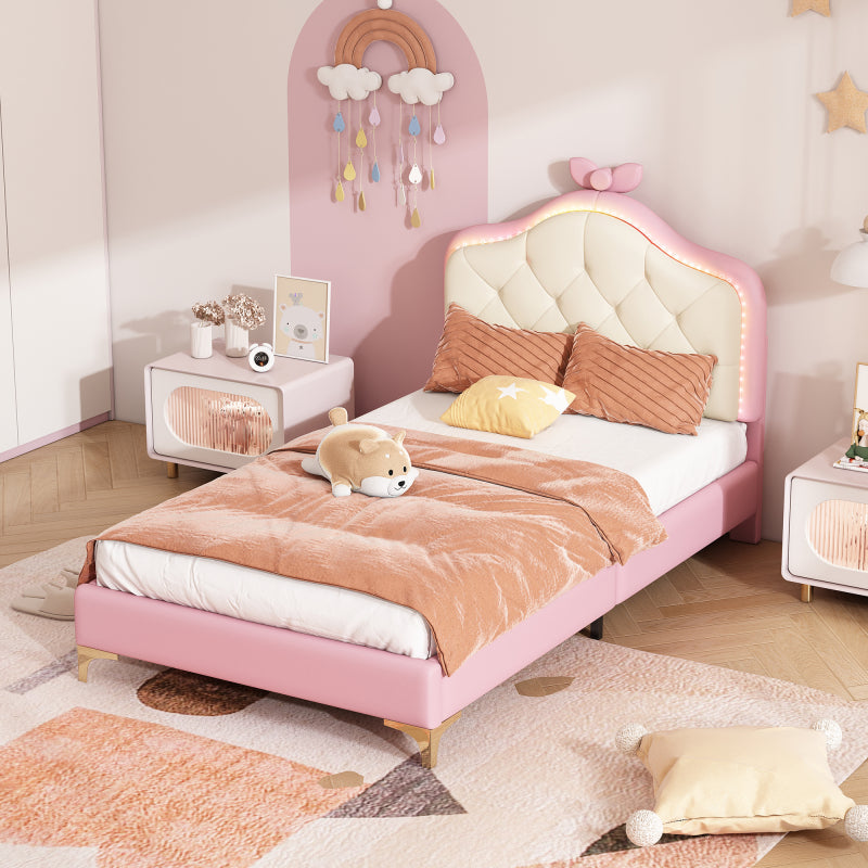 Polsterbett, Einzelbett, Wellenform mit Zugpunkt am Kopfende des Bettes, rosa Schleife, mit mehrfarbigen, wechselnden LED-Streifen, Kinderbett mit Holzlatten, Einzelbett, PU, rosa Bettrahmen, 90x200cm