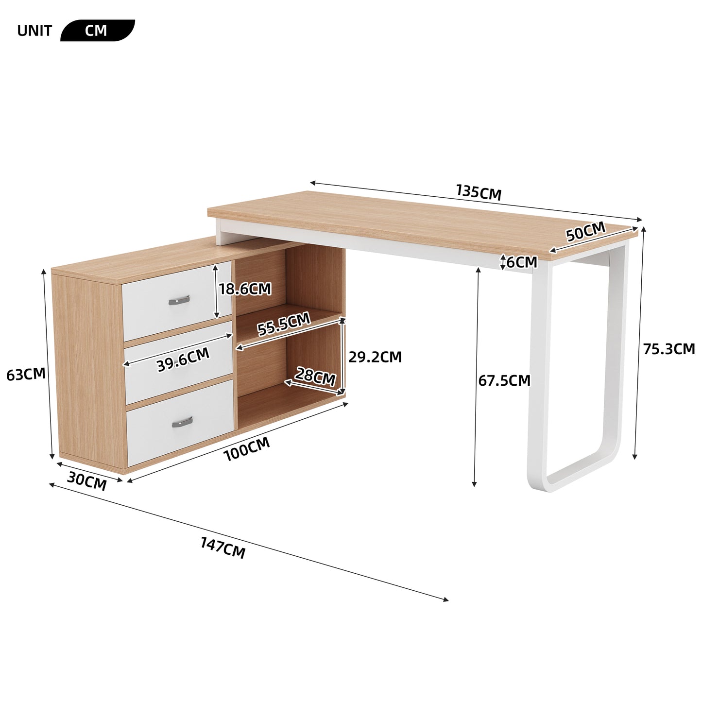 Schlichter Schreibtisch, Büro Schreibtisch, drei Schubladen, zwei offene Ablagefächer, stabile Tragfähigkeit, natur