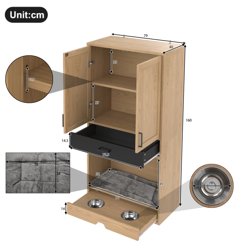 Multifunktionaler Tierschrank in Eichenoptik–Futterstation mit Napf,Hundebett,Stauraum-Tiermöbel, Küchenschrank für Flur, Küche oder Wohnzimmer