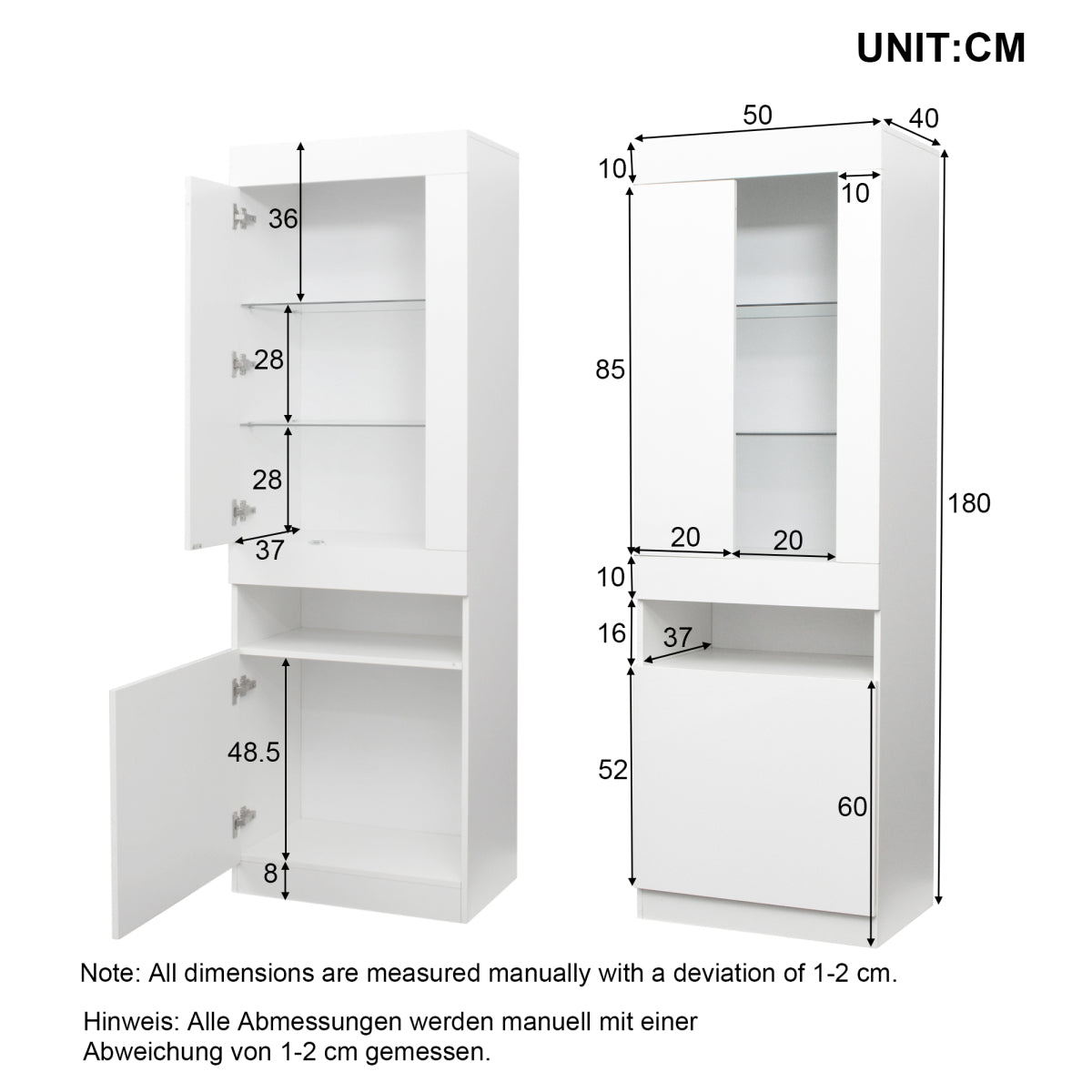 Schwarze LED-Vitrine mit 2 Glastüren - Standvitrine inkl. Beleuchtung, Freistehender Schrank für Wohnzimmer, Buffetschrank & Sammlervitrine, Weiß