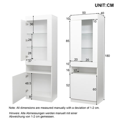 Schwarze LED-Vitrine mit 2 Glastüren - Standvitrine inkl. Beleuchtung, Freistehender Schrank für Wohnzimmer, Buffetschrank & Sammlervitrine, Weiß