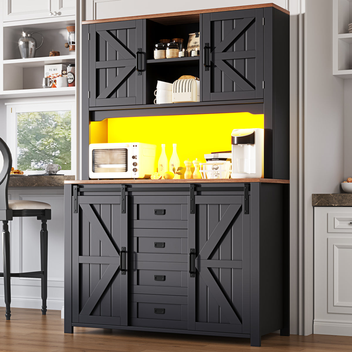 Küchenschrank 115x40x174,7cm hohes Sideboard Schwarz mit App-LED-Beleuchtung, X-Design Schiebetüren, 2 Schubladen & Magnetklappen
