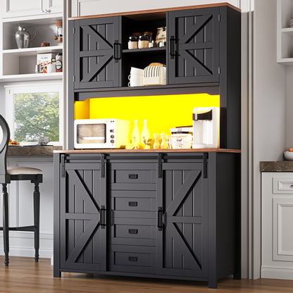 Küchenschrank 115x40x174,7cm hohes Sideboard Schwarz mit App-LED-Beleuchtung, X-Design Schiebetüren, 2 Schubladen & Magnetklappen