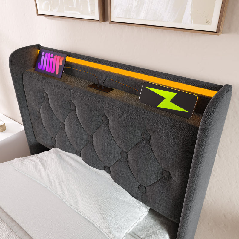 Polsterbett einzelbett,360-Surround-LED-Funktion, Drucktaste/App/Fernbedienung,90*200 cm, Grau Leinen-Material Hydraulisches Lagerbett, gepolstertes Kopfteil mit USB Typ-C Ladefunktion (Ohne Matratze)