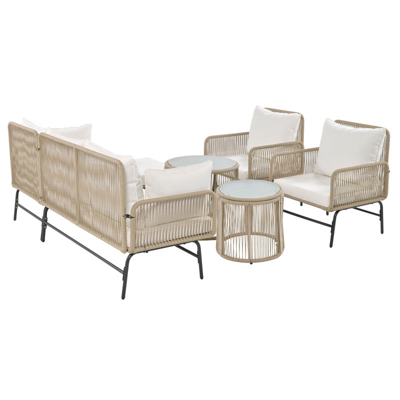 Gartenlounge-Set, Gartenmöbel-Set, Mit Eisenrahmen und beigem Seil, Gartenmöbel aus gewebtem Seil für den Außenbereich, Beige, Zwei Sessel, zwei 2-Sitzer-Sofas und zwei Tische (alle Kissen inklusive)